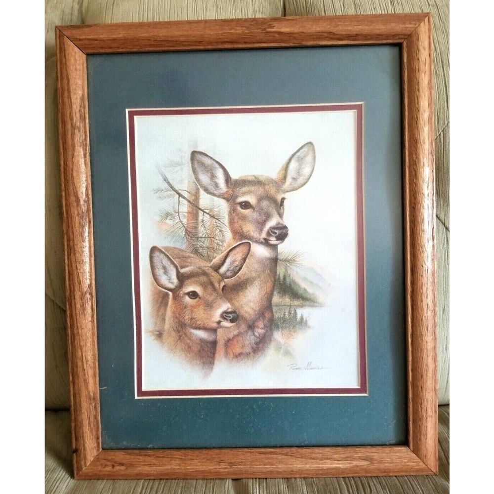 Vintage Ruane Manning Doe Fawn Print Double Matted Framed Wildlife 16x13"